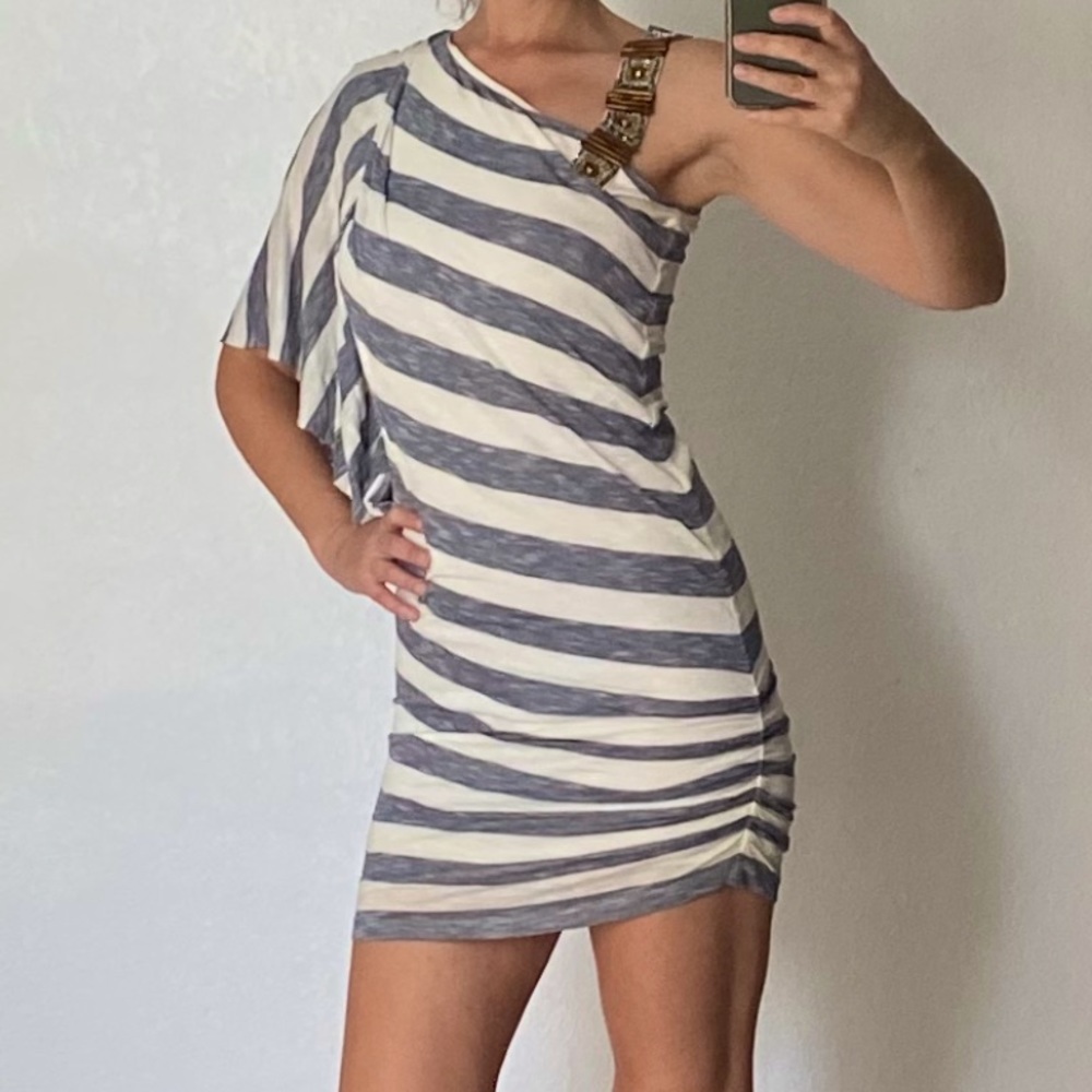 BEBE one-shoulder dress, wood&beads accent on the shoulder strap, Sz XS